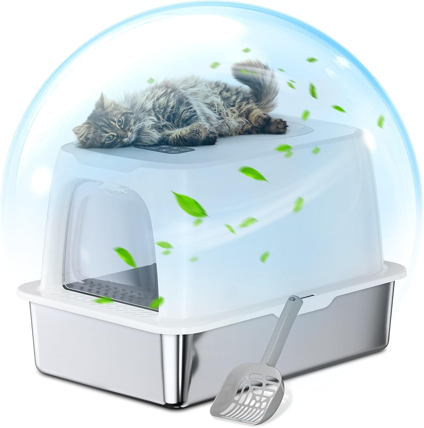 Odor Control Stainless Steel Litter Box, Extra Large Litter Box with Lid, Metal Cat Litter Box for Big & Multiple Cats, Easy to Clean, Leak-Proof and Non-Sticky (White)