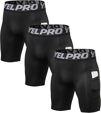Mens Compression Shorts with Pocket 1/3 Pack- Running Athletic Workout Underwear Shorts Spandex Sport Tight Shorts