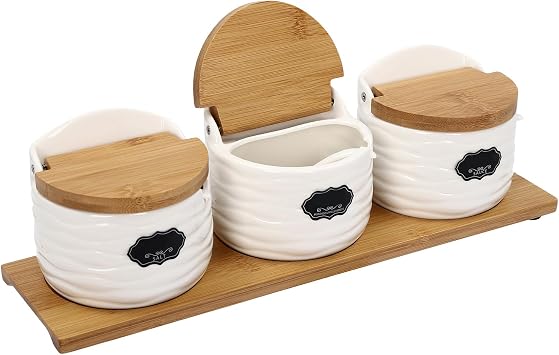 Salt and Pepper Pots | 3-Piece Ceramic Spice Jar Set with Bamboo Lids and Sugar Spoons 250ml Condiment Containers with Spoons & Labels Flip-Top Lids for Kitchen Countertop Storage
