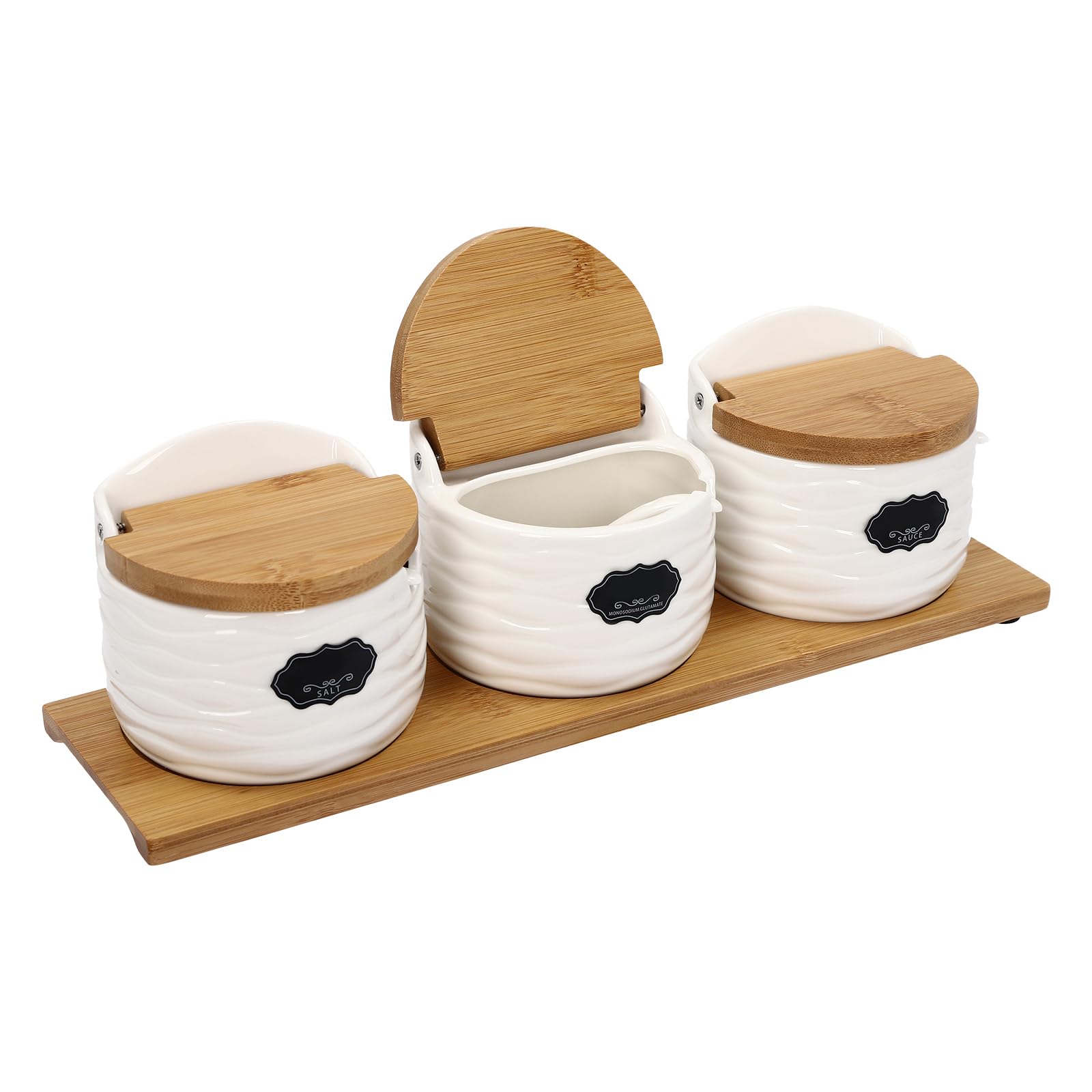 HHEMSTD 3 PCS Ceramic Spice Jar Set with Bamboo Spoons and Tray, 250ml Porcelain Condiment Containers White Brown for Salt Sugar Spices Coffee Tea Storage