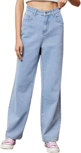 Girls High Waist Wide Leg Baggy Fit Cotton Fabric Full Length Jeans