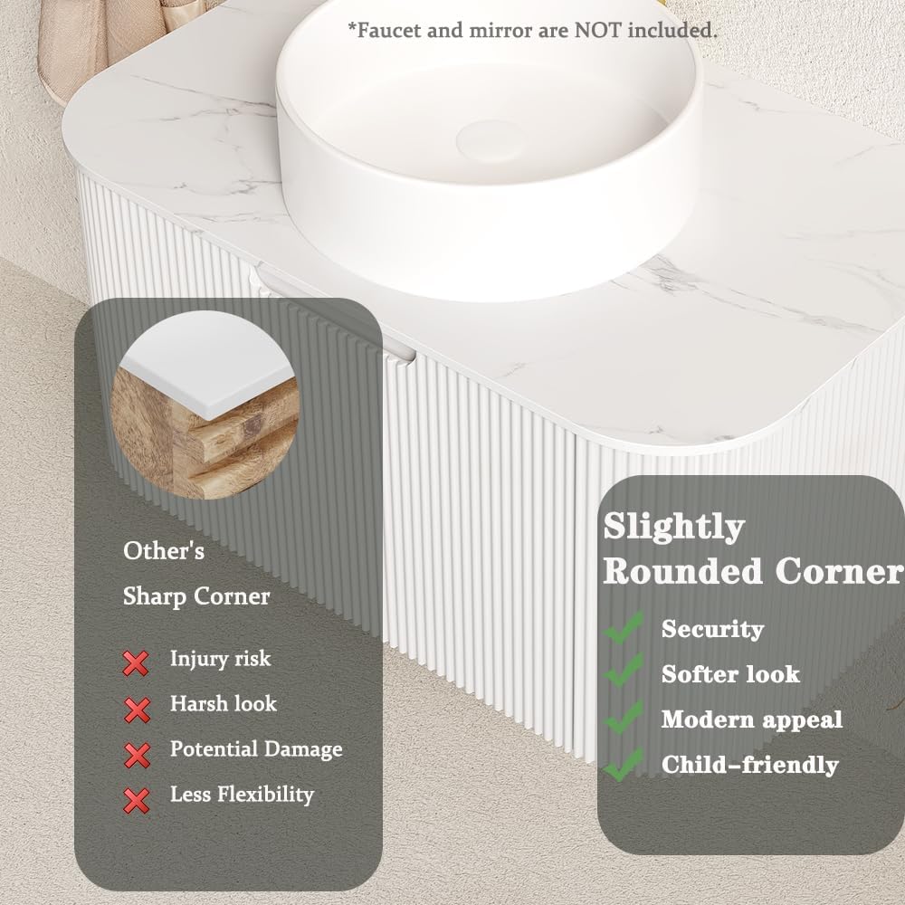24'' Bathroom Vanities Cabinet with Sink Combo, Wall Mounted Floating Cabinet W/Curved Edges Stripes, Oak Plywood, Soft-Close System with a Drawer, White Round Ceramic Basin - Kiel, White