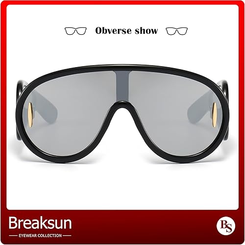 Miniatura 4 de Gafas de sol de moda con máscara ondulada para mujeres y hombres, de gran tamaño, color plateado, con escudo futurista, estilo de diseñador