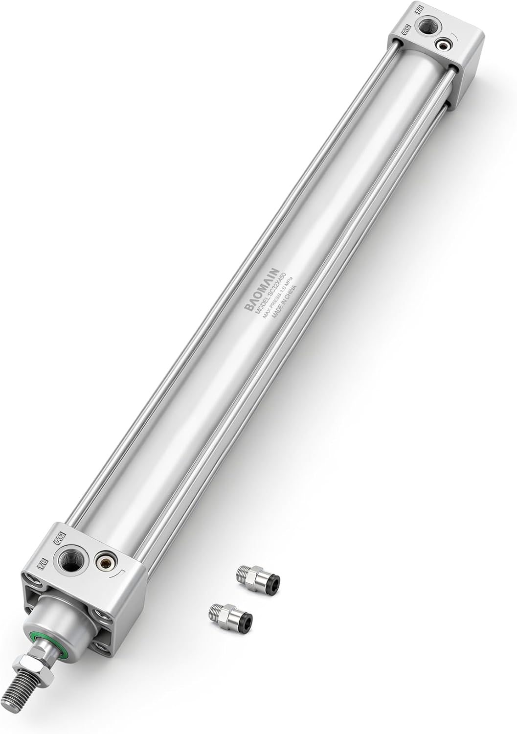 Baomain Pneumatic Air Cylinder SC 32 x 450, PT 1/8 Port, 1-1/4" Bore, 17.71" Stroke, Single Rod Double Acting, M10X1.25 Threaded Rod, with 2X Push-in Fittings