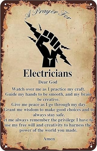 TFZQm Cartel retro de metal con texto en inglés "A Prayer for Electricist", decoración de pared de metal, decoración de pared, garaje, bar, restaurante, cocina, cafetería, pub, arte vintage,