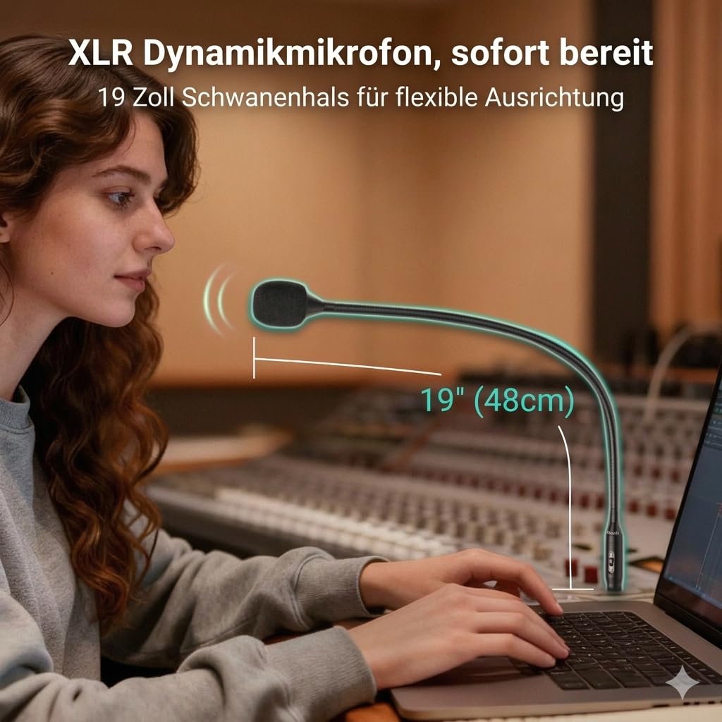 Cubilux XLR Schwanenhalsmikrofon mit Mute Taste, 19 Zoll dynamisches XLR Mikrofon mit Nierencharakteristik, professionelles Sprachmikrofon für Mischpult, Konferenz, Rednerpult und DJ