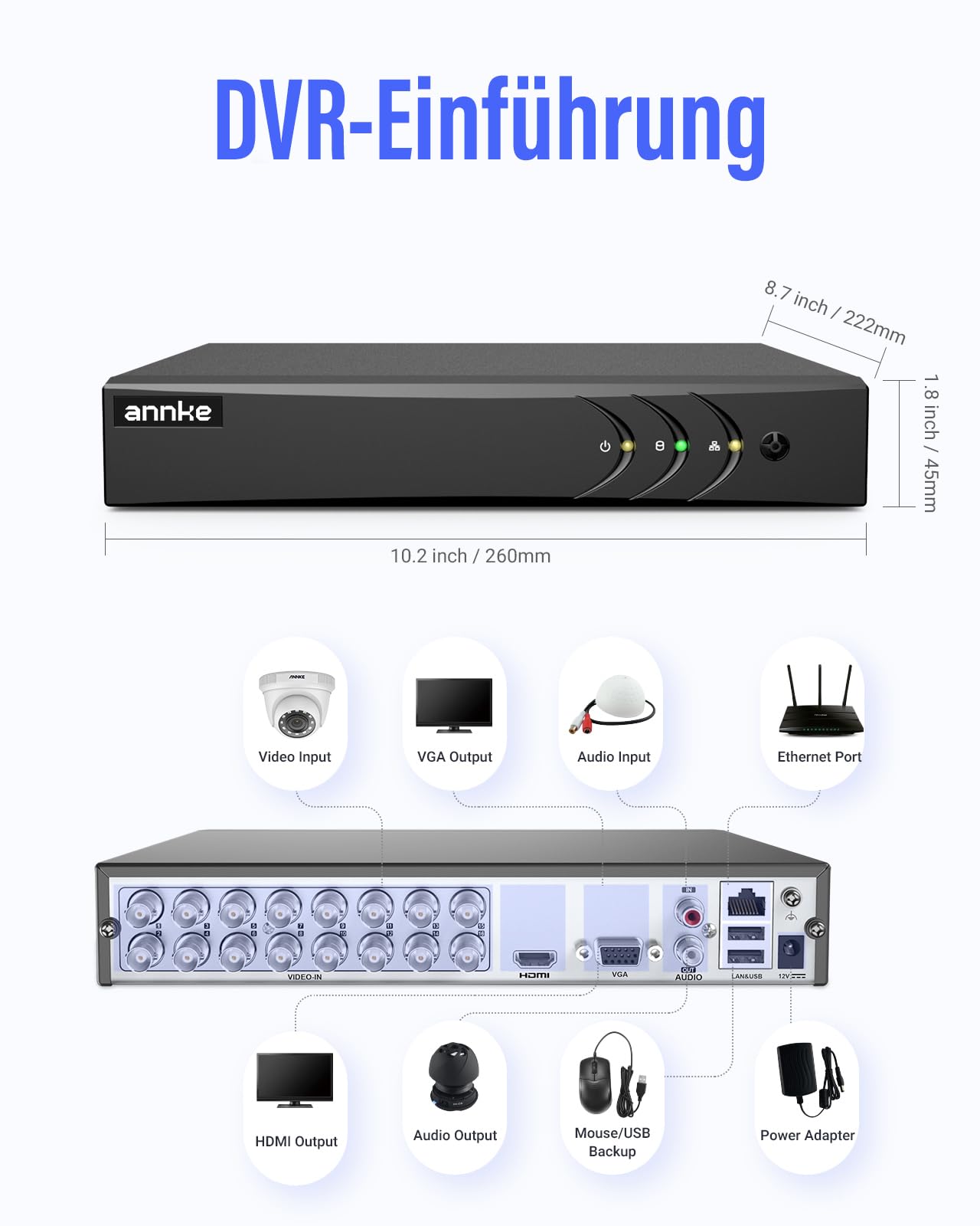 ANNKE DVR 16 Kanal 5MP CCTV 5 en 1 Digital Video Recorder H.265+ HDMI DVR mit 2TB Festplatte Echtzeit Überwachung Haussicherheitssystem Con KI-Personen-/Fahrzeugerkennung, 24/7 Aufzeichnung