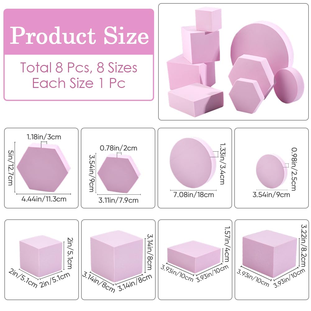 CREATCABIN 8ensemble D'Accessoires Photo Forme Cube Géométrique 8styles Socles D'Affichage Mousse Dure Accessoires Photo Carrés Hexagonaux Ronds Fond Photographie pour Produits Bijoux Cosmétiques Rose