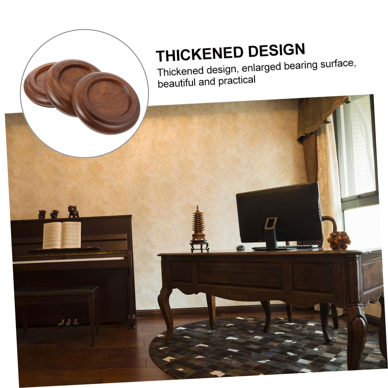 3 pezzi Tazze per Piedi Pianoforte Coda in Legno Noce Nero Supporti Antiscivolo con Base EVA per Assorbimento Vibrazioni e Protezione Pavimenti Eleganti Sottopiedi per Pianoforti