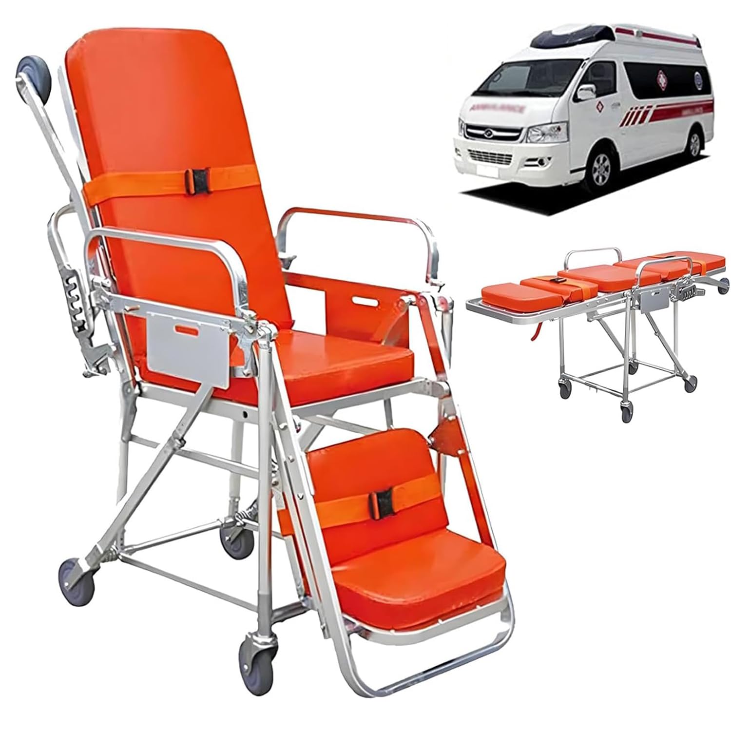 WHOOLEFUN Adjustable Folding Aluminum Alloy Stretcher Chair, 350LBS Capacity, EMS Ambulance Wheeled Stair Chair for Hospital, Firefighter & Emergency Rescue Evacuation