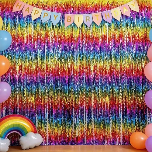 Image of TONIFUL 2Pcs Wavy Rainbow Metallic Tinsel Foil Fringe Curtain Streamer