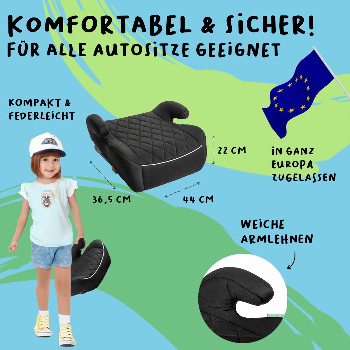 LST Kindersitzerhöhung ISOFIX i-Size ECE R129 125-150cm 15-36kg HDPE Kunststoff ergonomische Armlehnen Gruppe 2&3 Schwarz