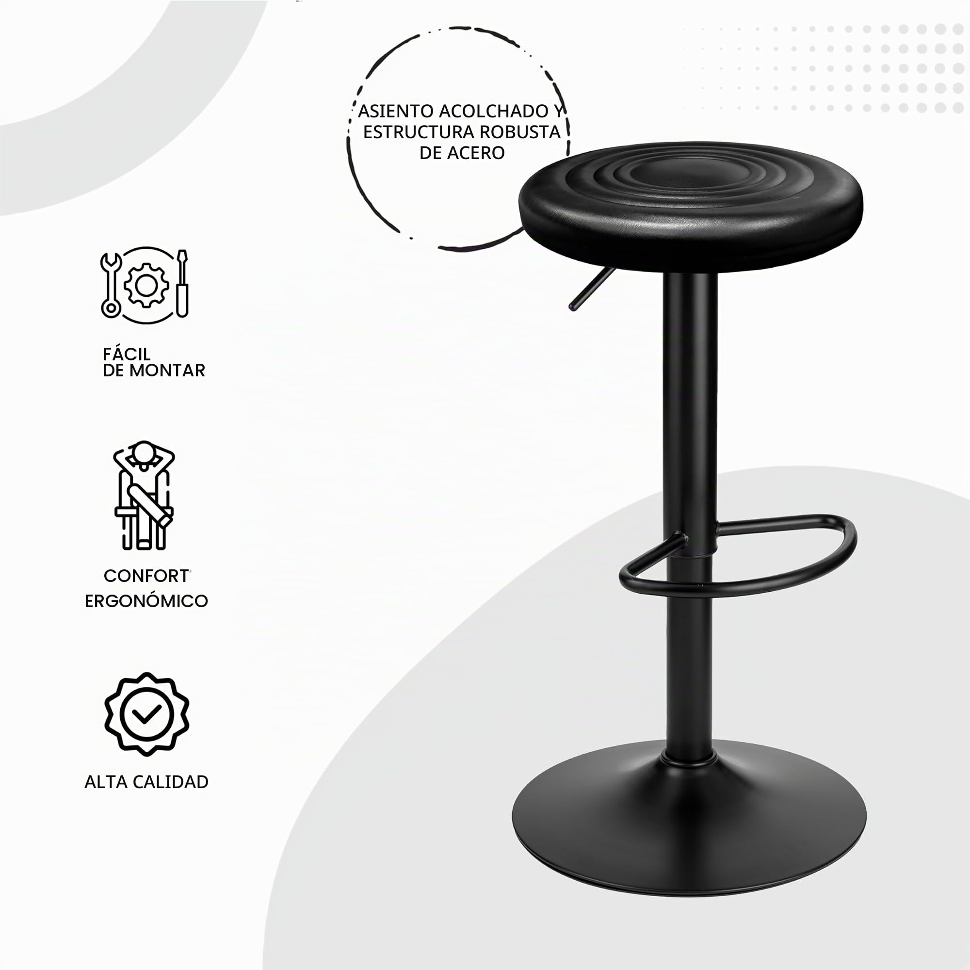 Baroni Home Taburete Giratorio Sin Respaldo, Altura Ajustable, en Asiento de PP y Acero, para Comedor, Cocina, Bar, Ligero y Fácil de Mover, 35x35x55-76 cm, Blanco, 1 Unidad