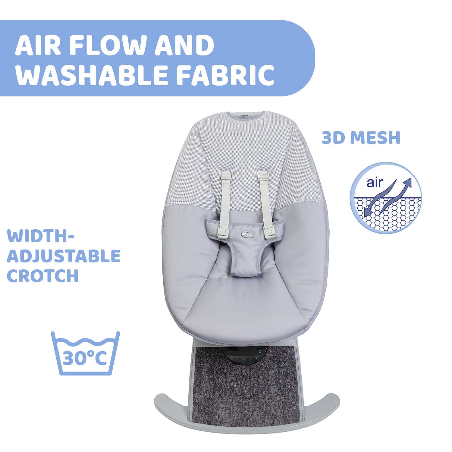 Chicco Comfy Wave elektroniczny leżak dla dzieci, huśtawka elektroniczna, z mi i melodiami, odchylane oparcie, oddychająca i zdejmowana tkanina, drążek do zabawy, leżak dla dziecka, 0