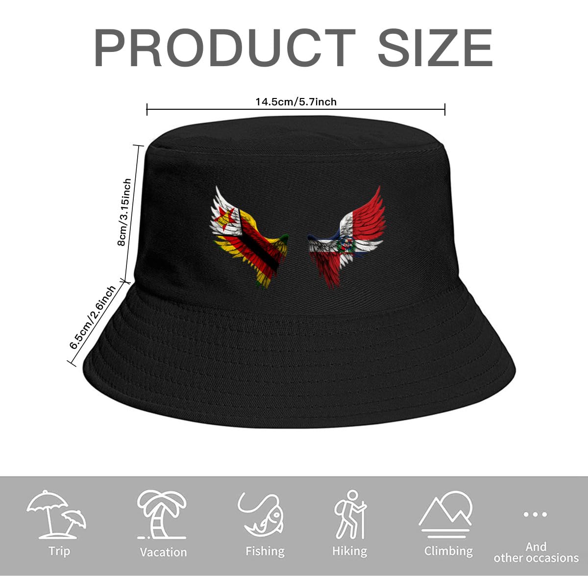 Wings Zimbabwean and Dominican Republic Flag Bucket Hats Fashion Sun Cap Packable Outdoor Fisherman Hat for Women Men