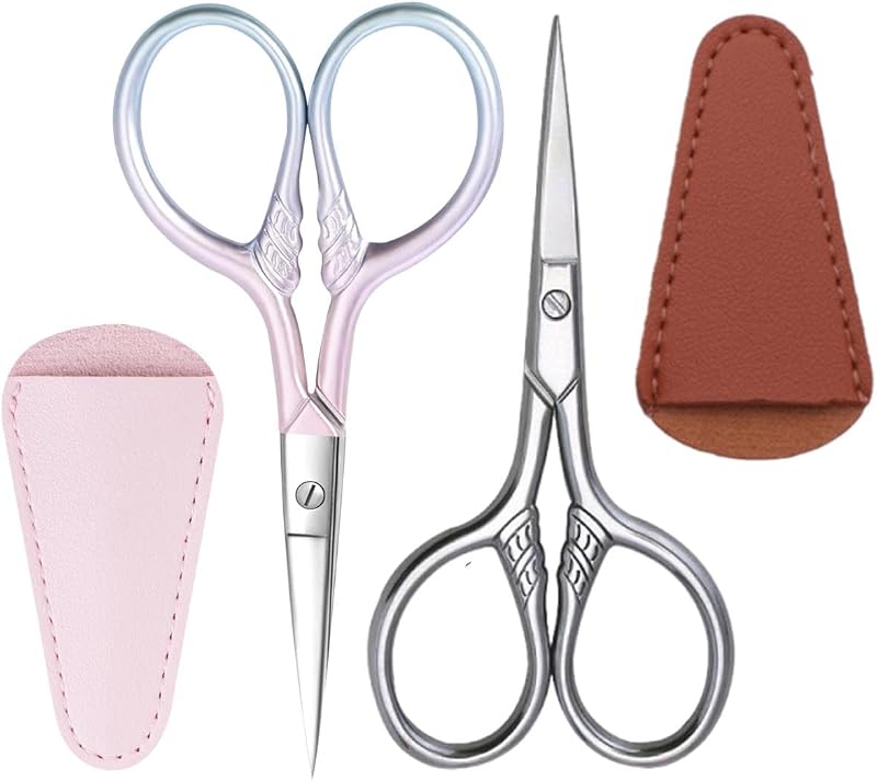 Tesouras para sobrancelhas UKSKS em aço inoxidável, 2 unidades, Pink e silver, 3,5 x 1,7 polegadas