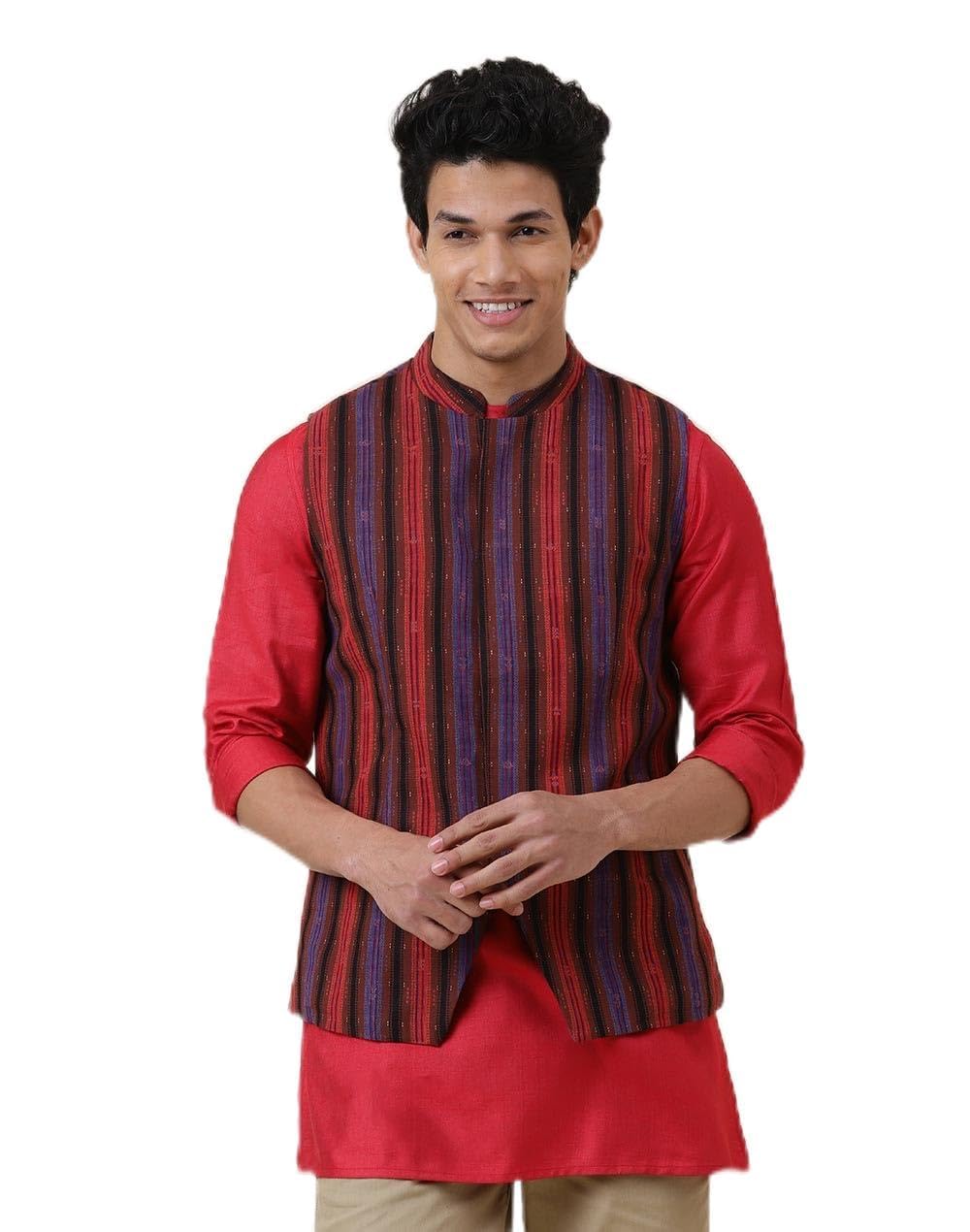 fabindia Red Cotton Slim Fit Printed Nehru Jacket-picture-29