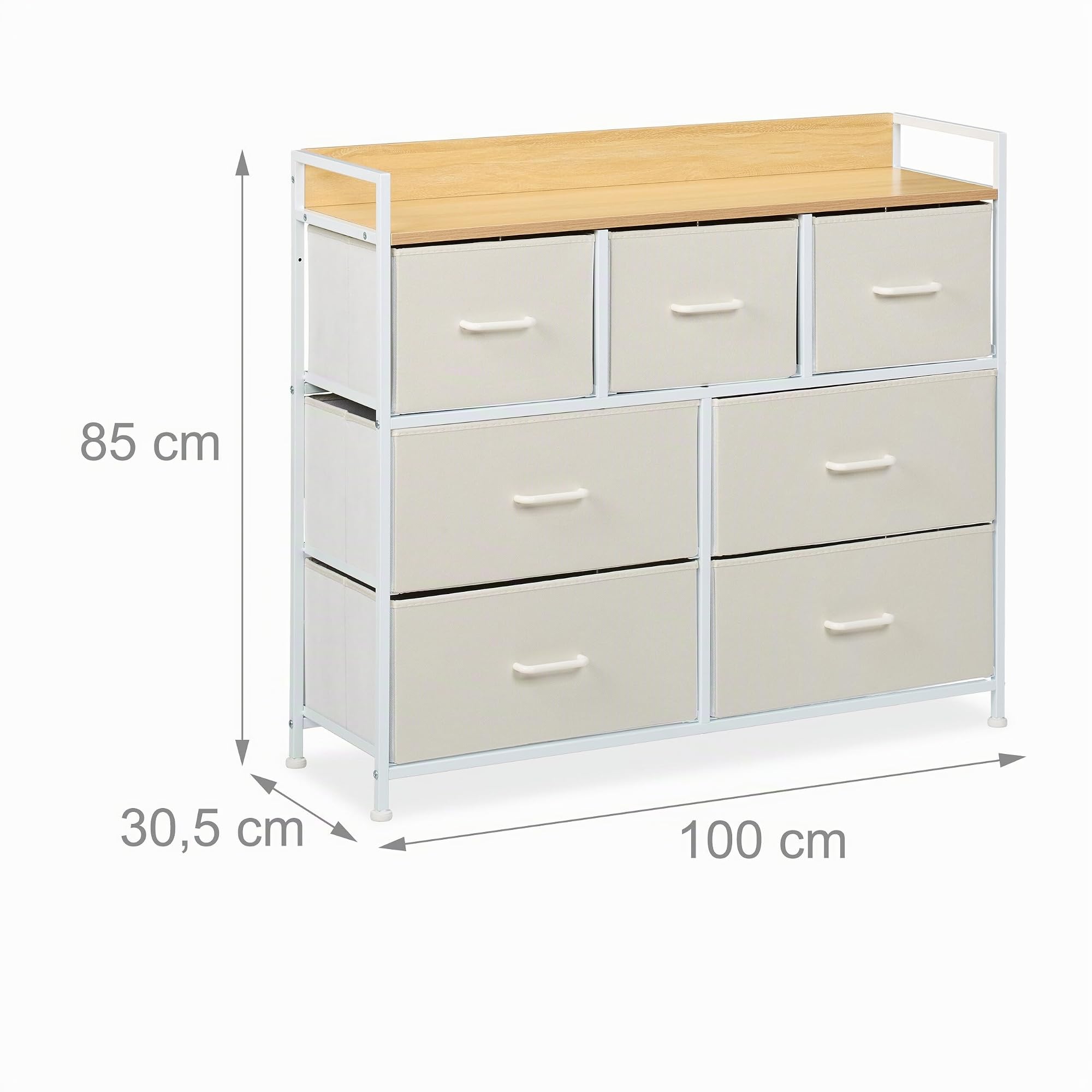 Relaxdays Cómoda 7 Cajones, 85 x 100 x 30,5 cm, Mueble Recibidor, Pasillo y Dormitorio, Cajonera Moderna, Beige y Blanco