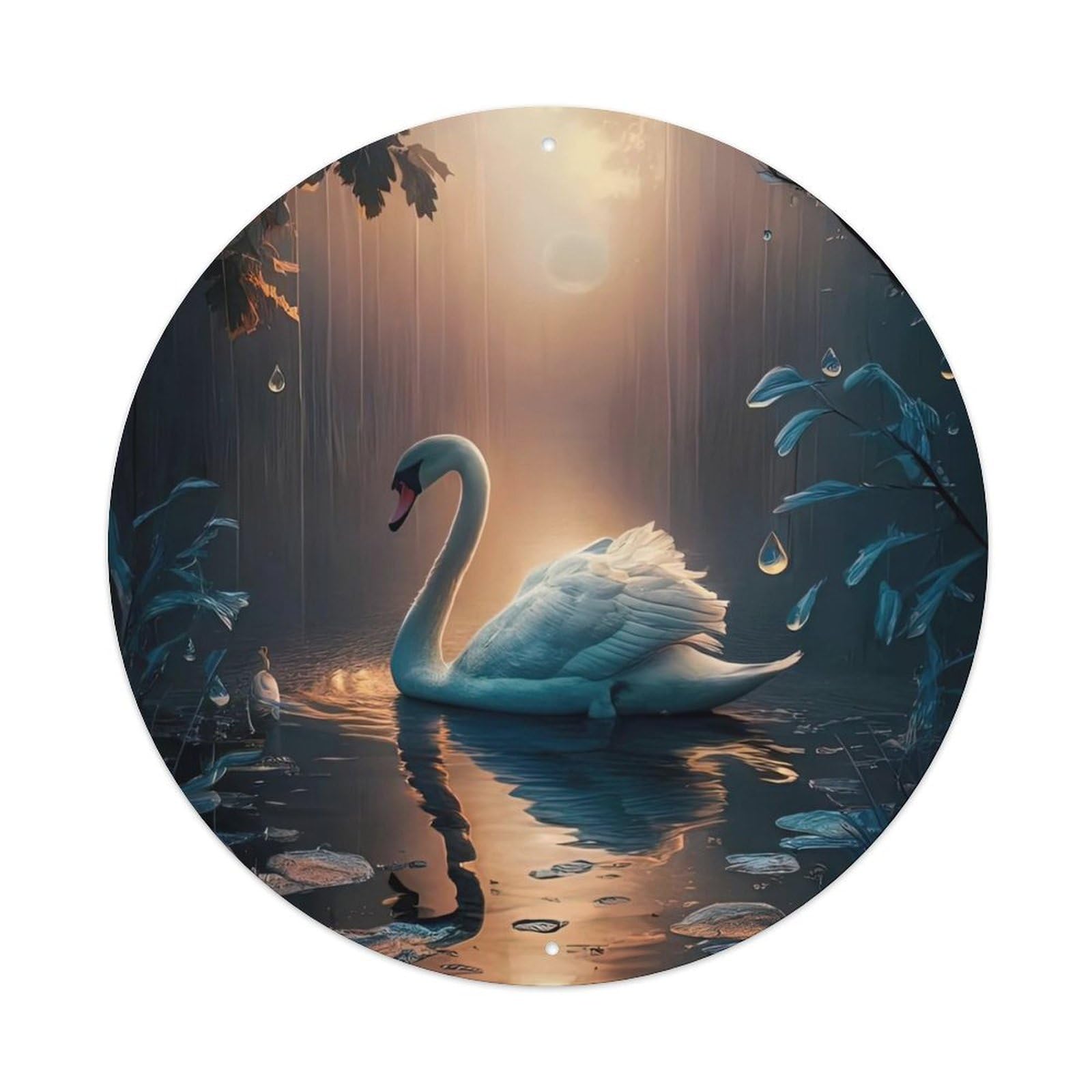 Animal Swan in Rainy Forest Pond with Sunbeams And Water Lilies Vintage Metal Tin Sign Plaque Wall Decor for Cafe, Club Bar, Office, Garden Metal Poster 8x8Inch