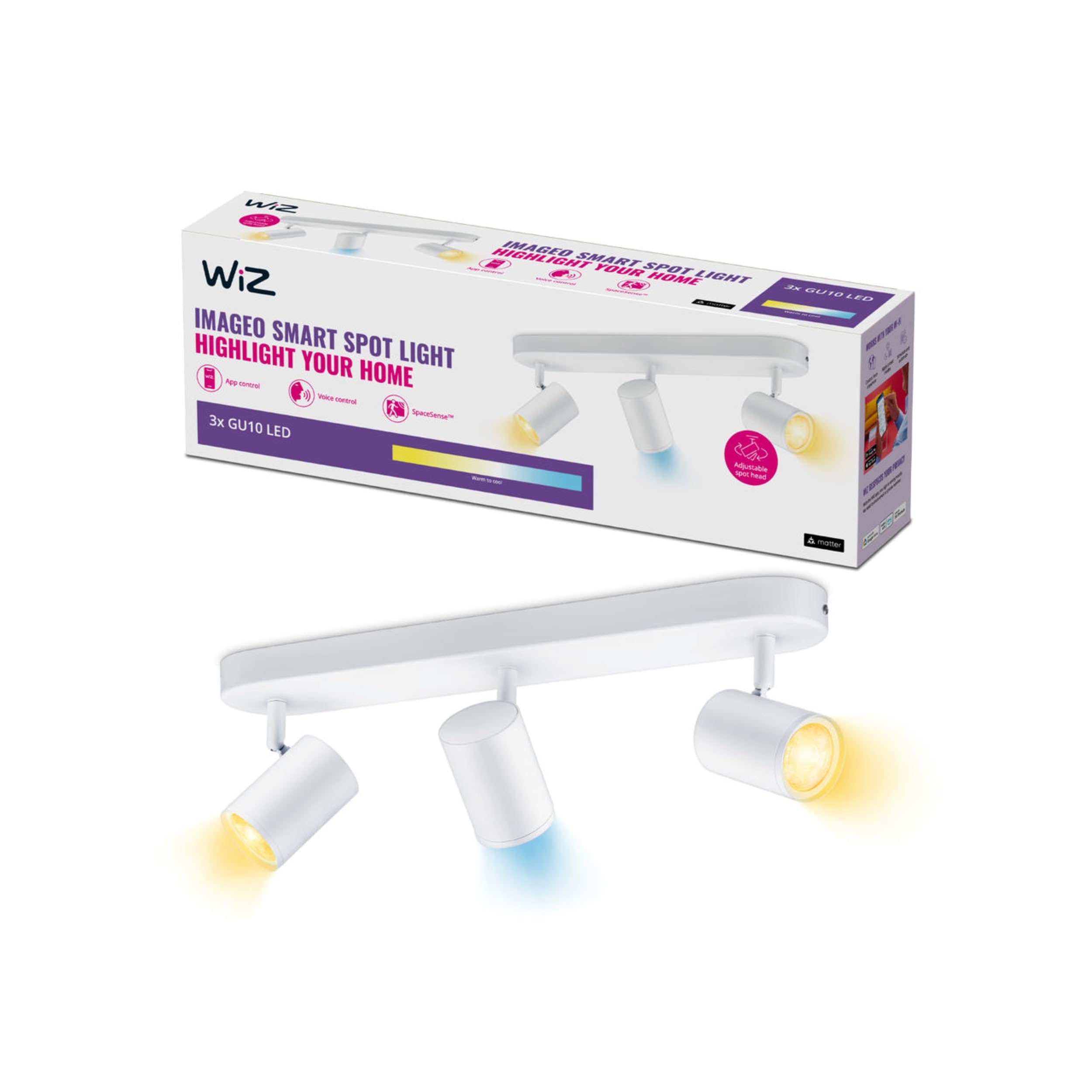 WiZ Spots LED connecté Wi-Fi IMAGEO blanc 3x5W, 2700-6500K, Nuances de Blanc, fonctionne avec Alexa, Google Assistant et Apple HomeKit