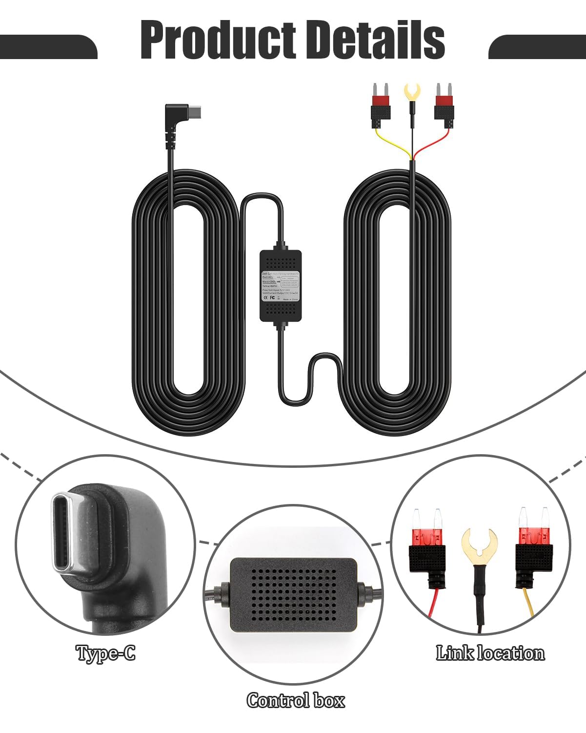 Kit Cablaggio Dashcam USB-C Kit di Cablaggio Hardwire Kit di Tipo C per Dashcam USB-C Dash Cam Hardwire Kit 3,5m DC 12V-24V a 5V/3A con Monitoraggio del 24H Parcheggio Protezione da Sottotensione