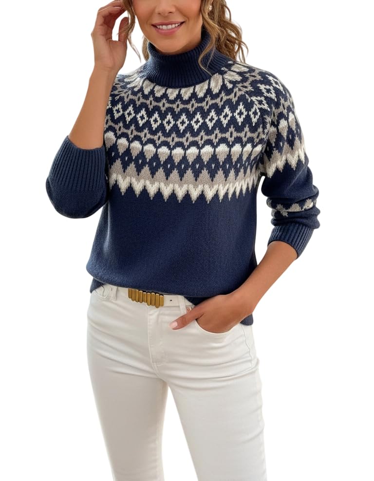 Womens Fair Isle Turtleneck Sweater Retro Pullover Cozy Thick Jacquard Long Sleeve Fall Winter Knitted Jumper Top
