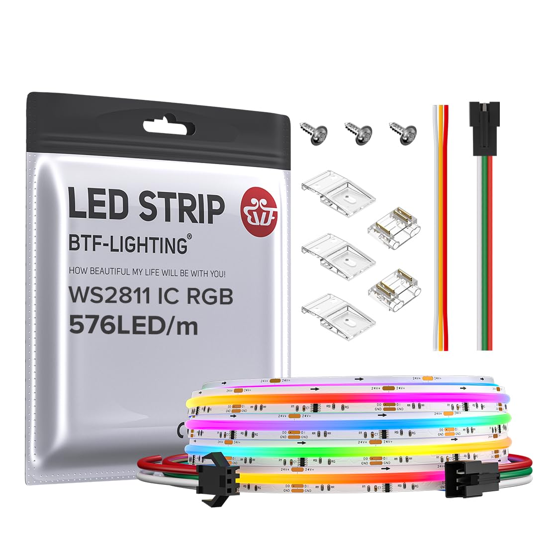 BTF-LIGHTING FCOB COB RGB WS2811 IC Addressable LED Strip DC24V 3m 576LEDs/M 10mm White PCB Chasing Colour Flexible High Density LED Rope IP30 Non Waterproof for Indoor Decoration(Only LED Strip)