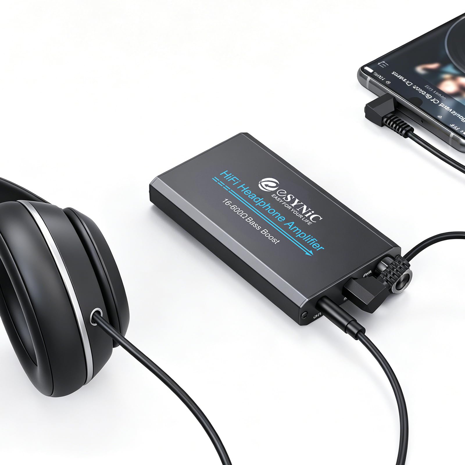 eSynic Amplificador de Auriculares Profesional 16-600Ω con Ganancia de Graves - Amp Portátil de 3,5 mm y Recargable, Superficie de Aluminio Mate, para Móviles, PC, MP3, MP4, etc.