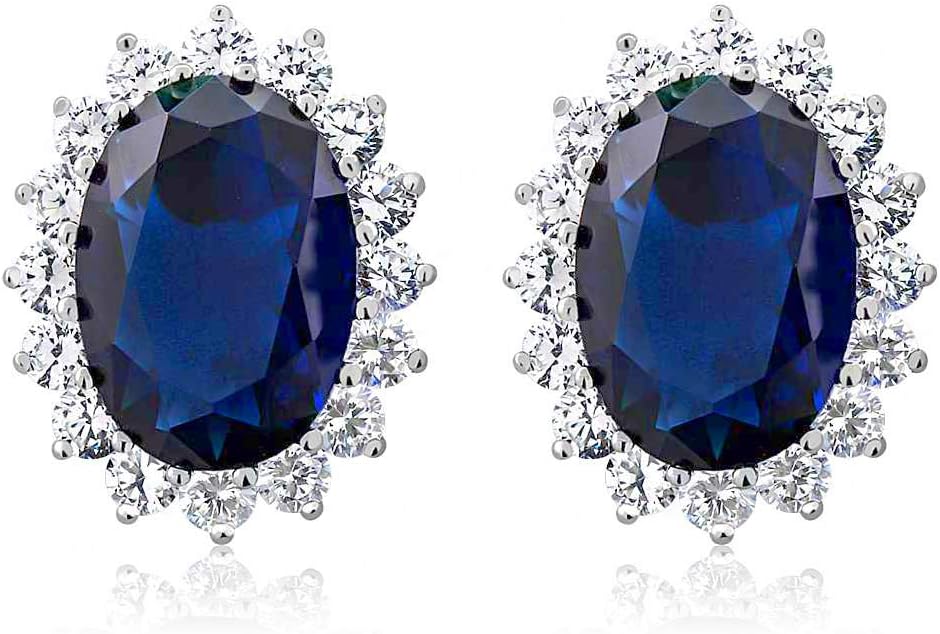 Gem Stone King 15.00 Cttw Blue Simulated Sapphire or Green Simulated Emerald or Red Created Ruby Halo Earrings For Women | 925 Sterling Silver | Oval 14X10MM