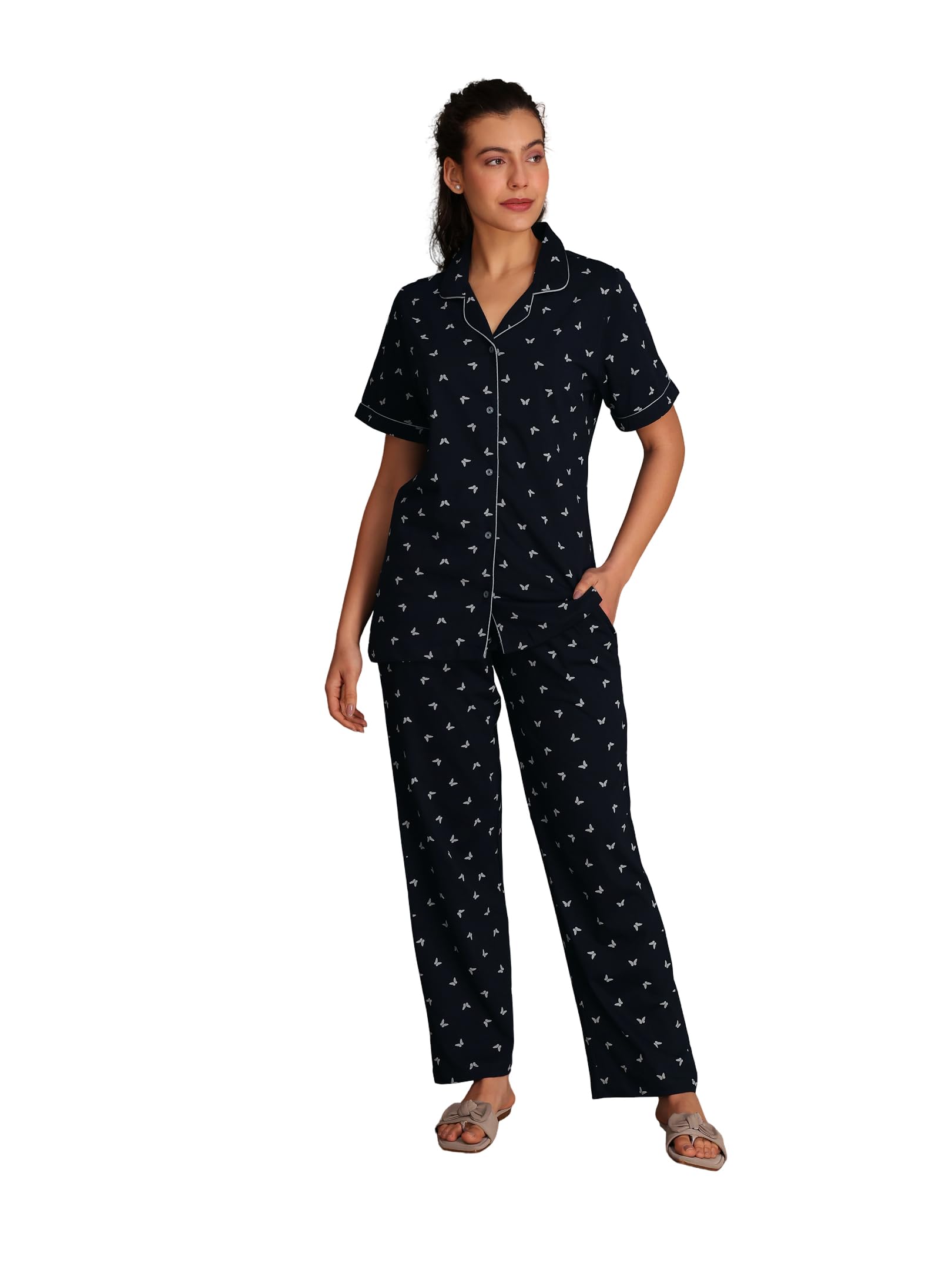 tittli Women Pure Cotton Printed Nightsuit, Soft Breathable Fabric, Button-Down Short Sleeve Shirt, Elastic-Waist Pyjama with Pockets, Relaxed Fit-picture-14