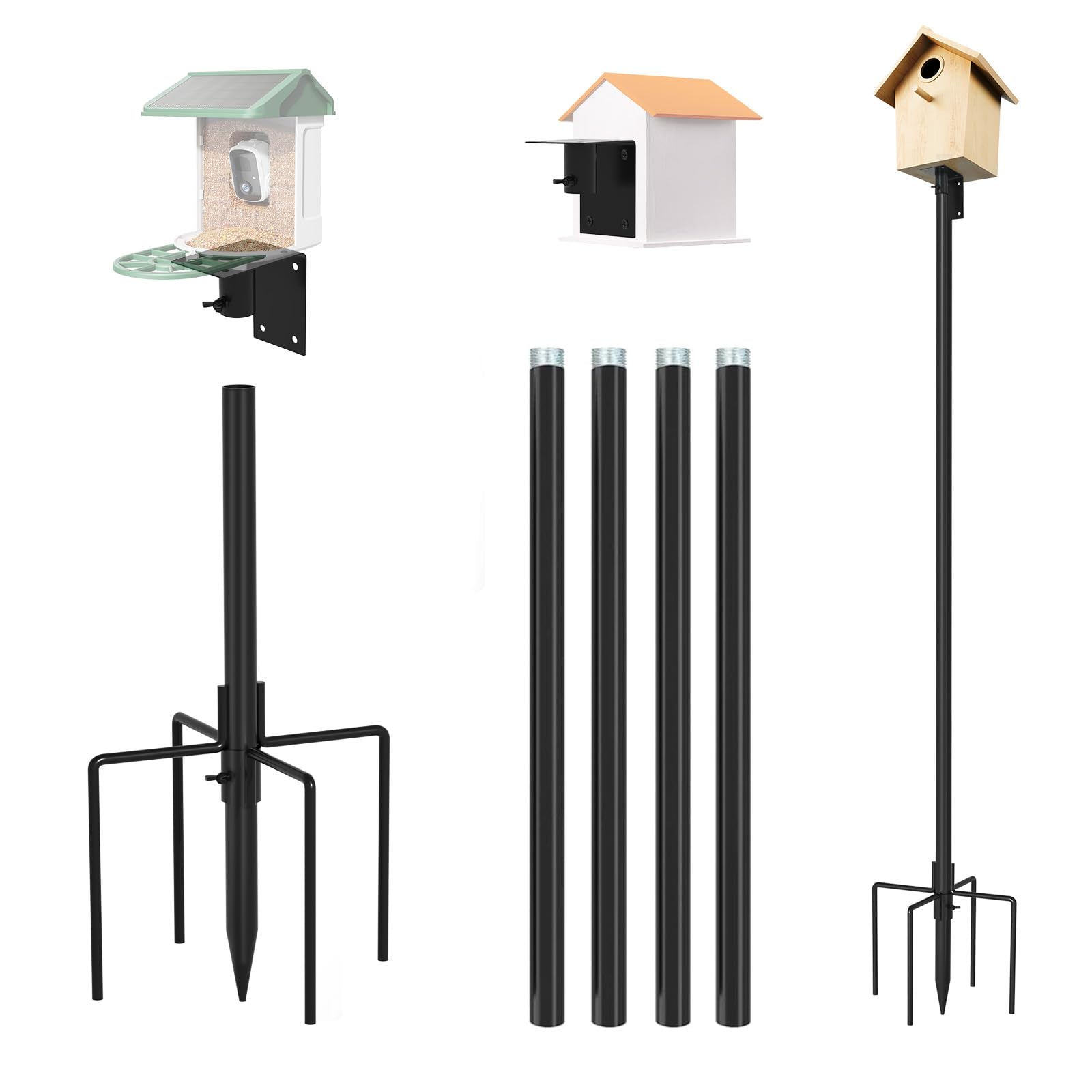 ERYTLLY Bird House Pole Mount Kit 96 Inch - Adjustable Hummingbird Bird Feeder Post Support Rod Universal Stand Set with 5 Prongs for Outdoor, Yard, Garden Decor, Black