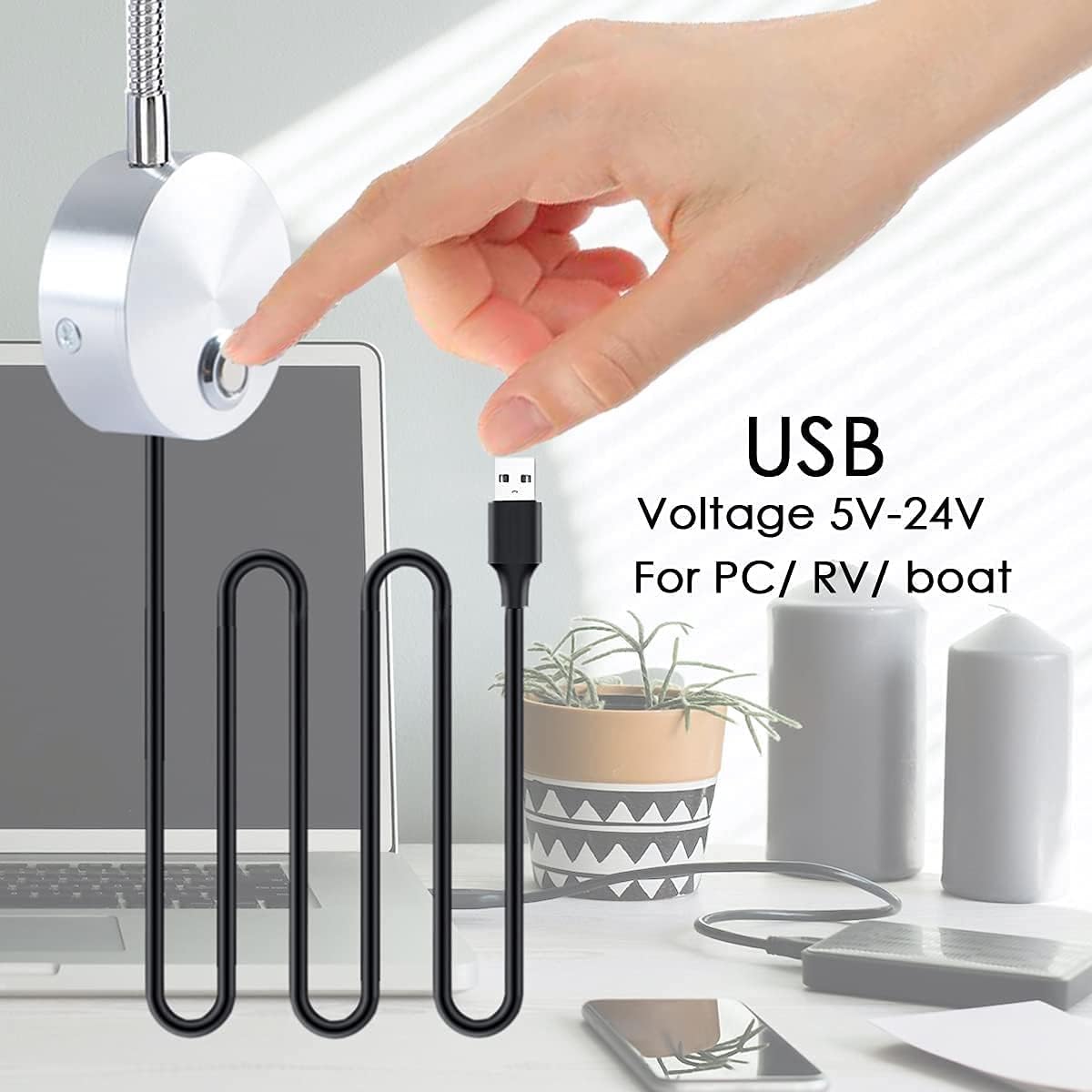 LED Spot Reading Lights for Books in Bed, Bedside Reading Lamp, 12V USB Dimmable Touch Switch Wall Mount Lamp for Camper RV Caravan Van Boat Bedroom