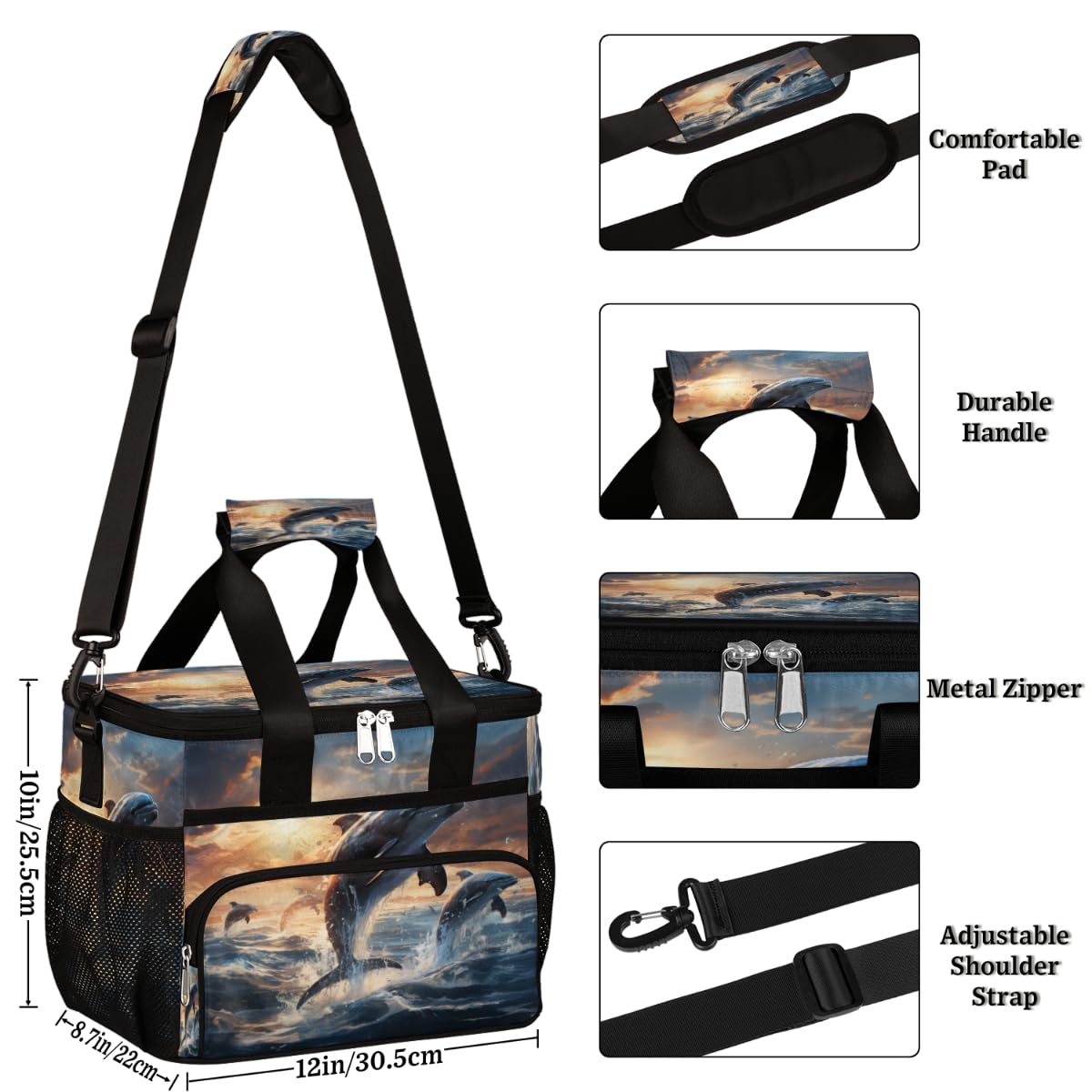 Dolphin Insulated Picnic Backpack Lunch Box for Women Men Picnic Basket Tote Lunch Bag Picnic Bag Portable Lunch Bags for Picnic, Beach, Work, Trip,Office, Camp Ocean Sea Dolphin