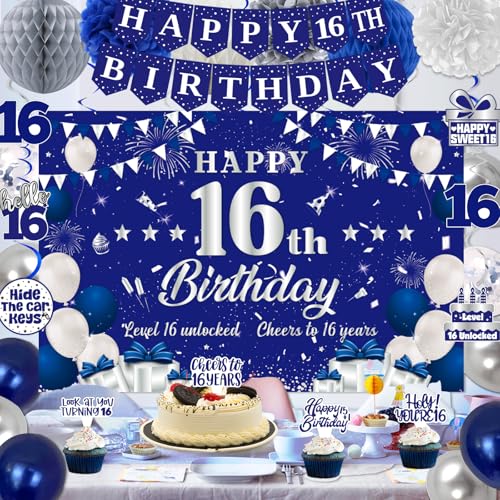 Image of 16th Birthday Decorations for Boys Girls, Blue Silver Sweet 16th Birthday Party Decorations, Happy 16th Birthday Backdrop, Banner, Balloons, Pompoms, Hanging Swirls, Birthday Card, Cake Topper 54pcs