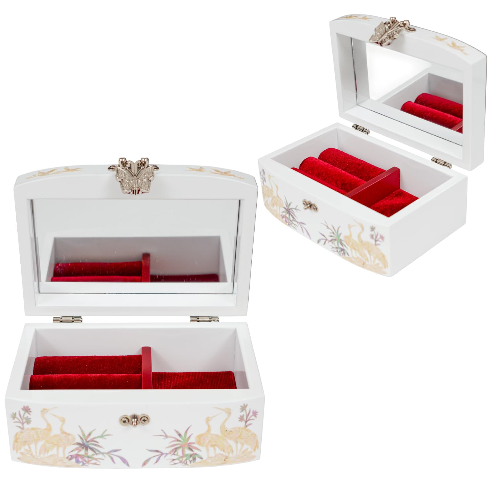 February Mountain Schmuckkästchen aus Perlmutt für Damen, Mädchen, Ehefrau, für Ohrringe, Armbänder, Ringe, Uhren, Jahrestag, Geburtstag, Weihnachten, Geschenke für Frauen (White_Crane)