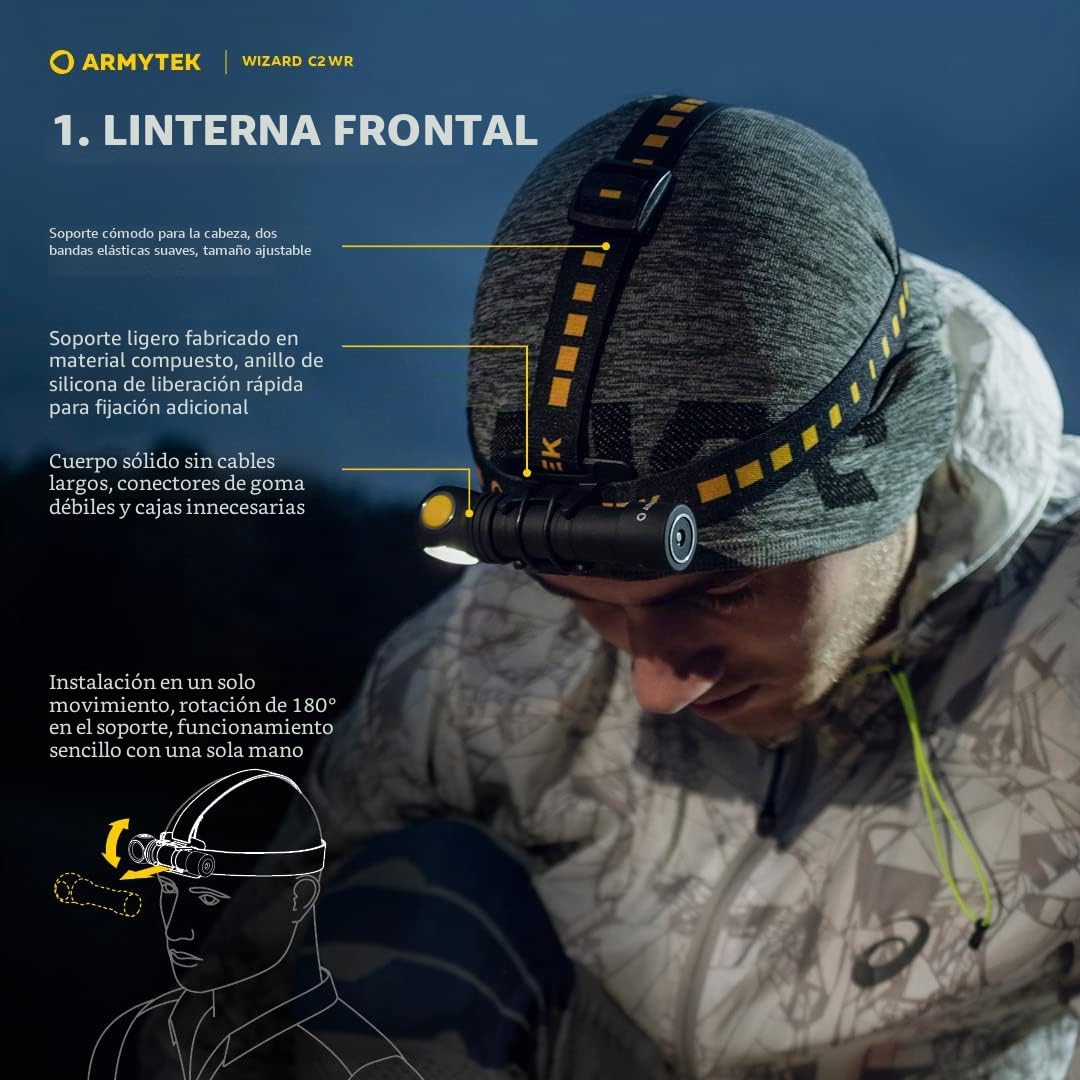 Linterna frontal LED Nueva Armytek Wizard C2 WR blanco frío y rojo Multifunción Recargable por USB + Batería 18650 Li-Ion