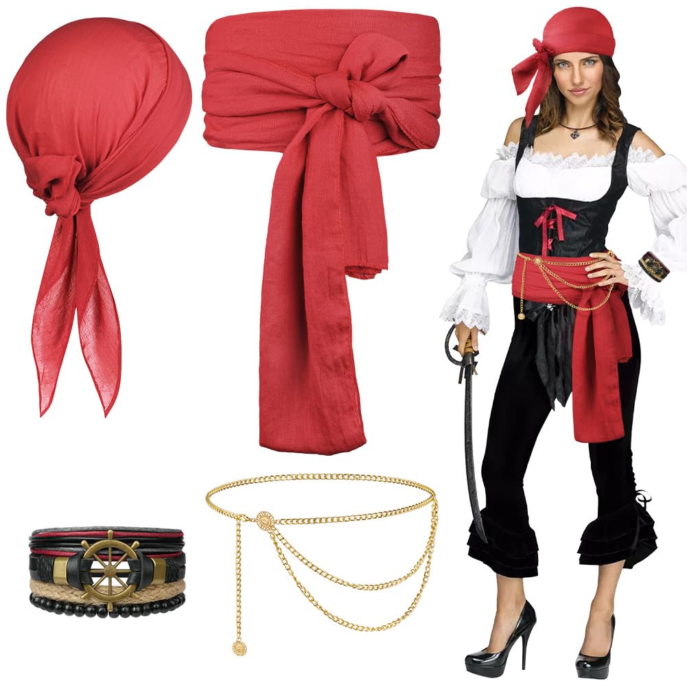 Alaoo 4 Pcs Pirate Costume Accessories Sets, Pirate Captain Accessories with Bandana Sash Belt, Medieval Renaissance Corsair Costume for Halloween Corsair Party,Red