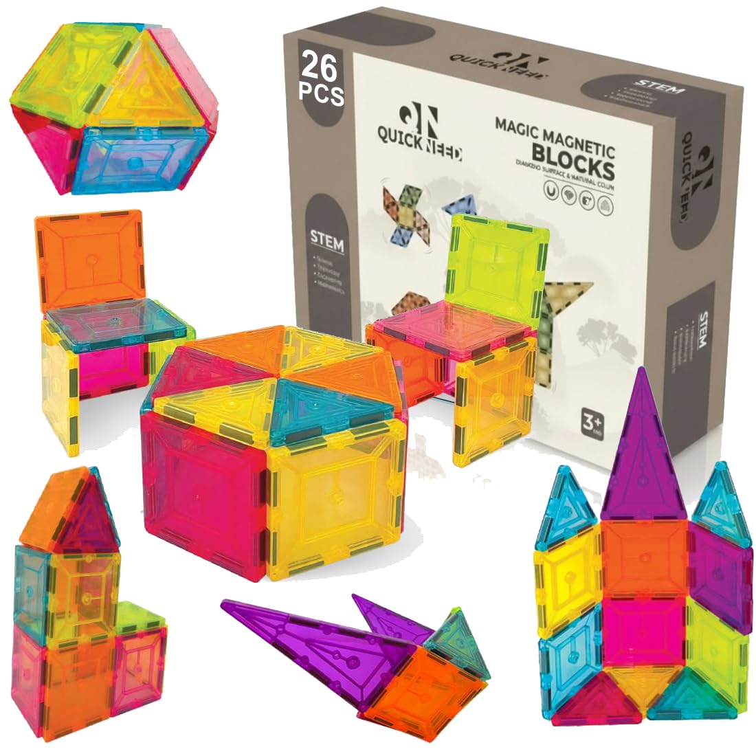 26 pcs magnetic building tiles construction set, stem educational learning toy, creative magnetic building blocks for kids, boys & girls, multicolor (pack of 26)