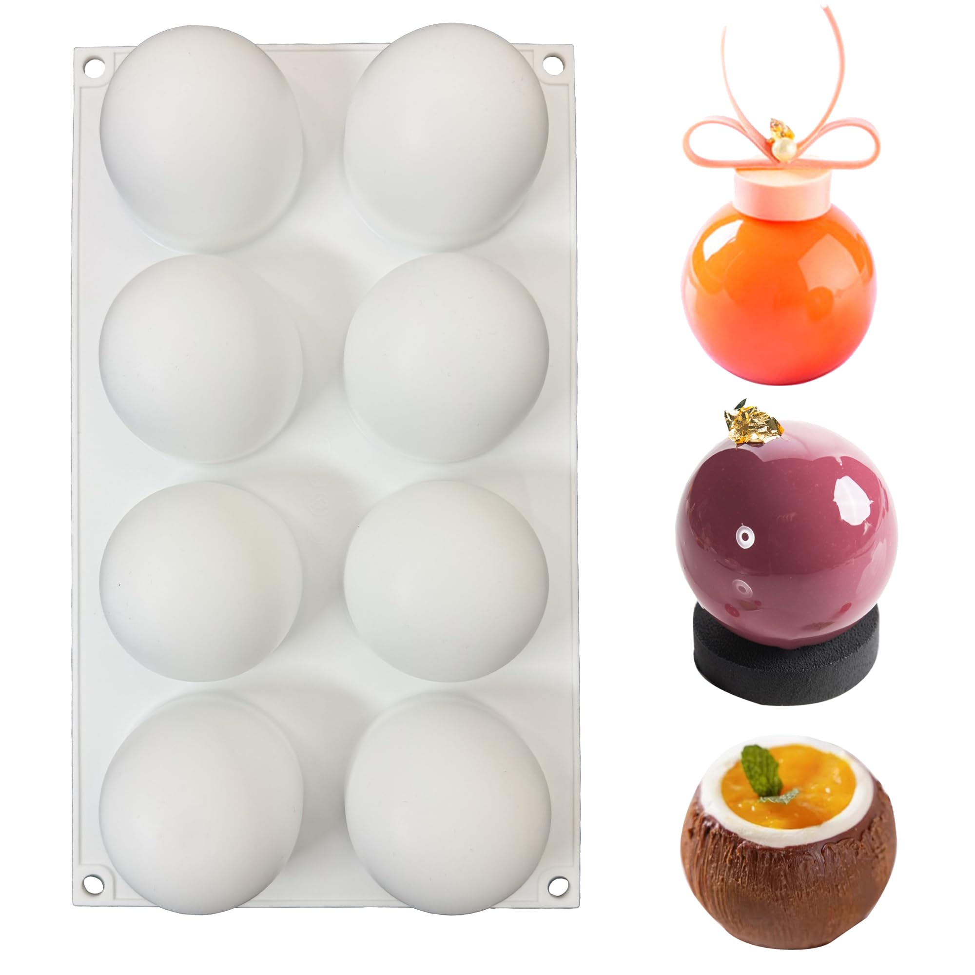 Moule en silicone sphère Ø 6 cm duoyif avec 8 cavités pour boules de chocolat et mousse blanc