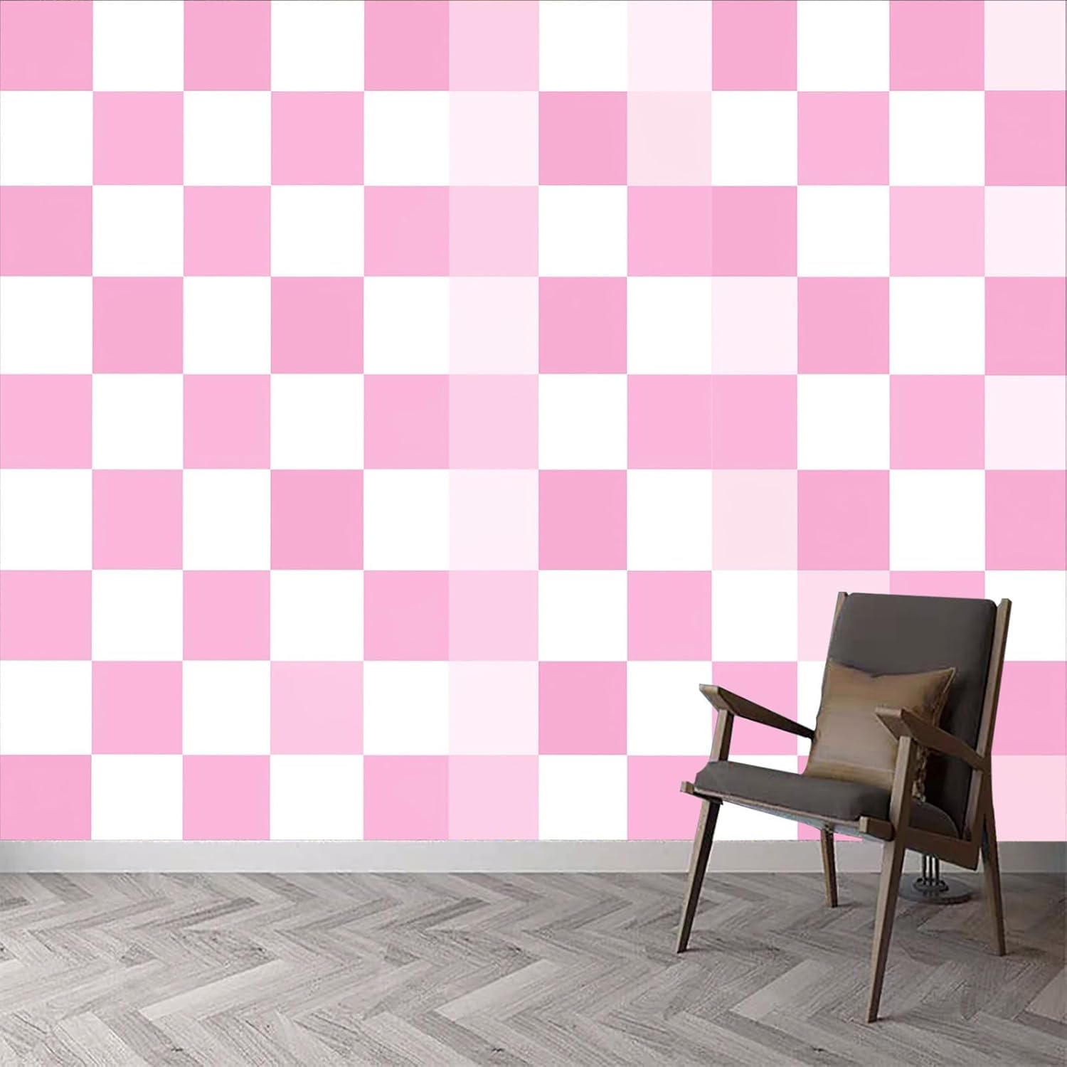 Papier Peint Panoramique Plaid Rose et Blanc Intissé Géométrique 450x315 cm