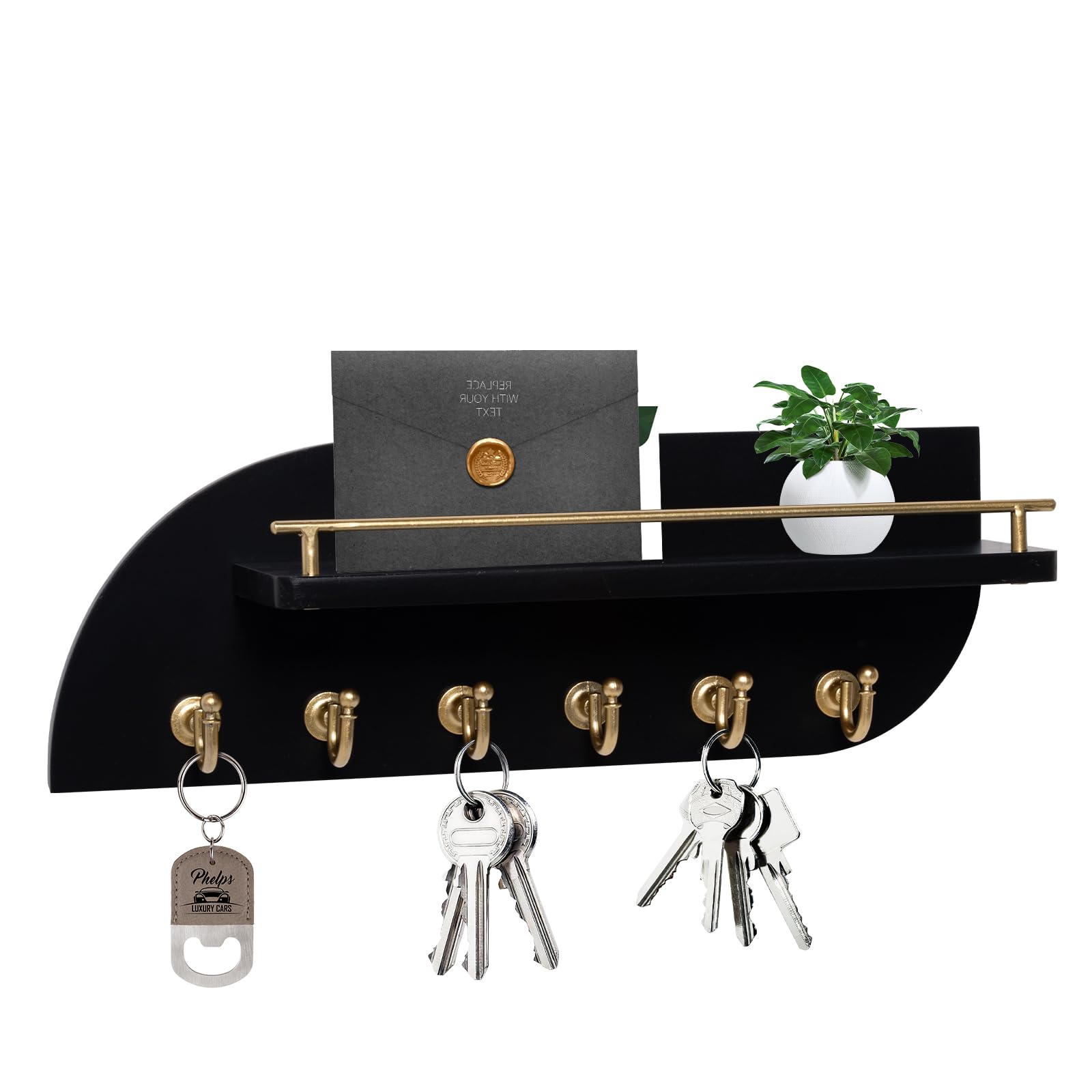 Lwenki Portachiavi da parete, portachiavi decorativo e porta posta con ripiano ha grandi ganci per chiavi per borse, cappotti, portachiavi in legno di Paulownia con accessori di montaggio (9,8 W x