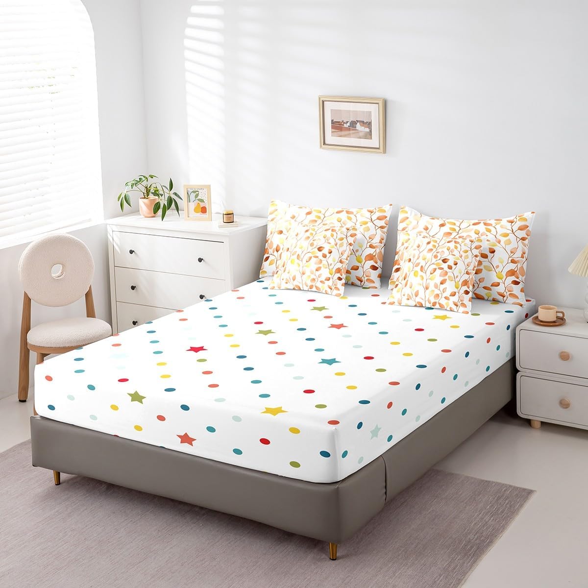 Boho Flower Bed in a Bag 7 Pieces Chic Floral Bedding Set for Kids Child, Tropical Botanical Plants Queen Size Comforter Set Orange Yellow Leaves Bedding Comforter Sets, Rustic Farmhouse Bed Set