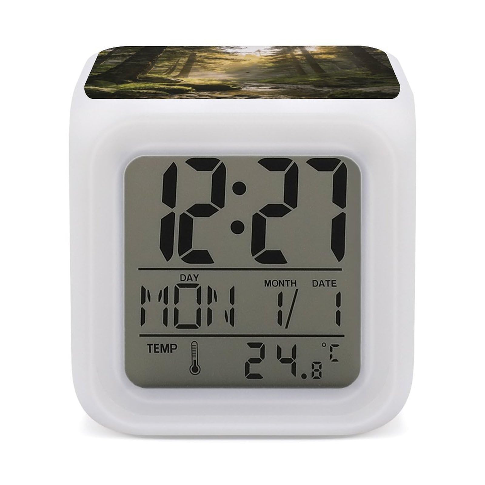 LZQPOEAS Morning Lin's Melody Alarm Clock with 7 Color Changing Nightlight for Bedroom Calendar Temperature Display Wake Up Digital Clock Small Desk Clocks for Heavy Sleepers Adults