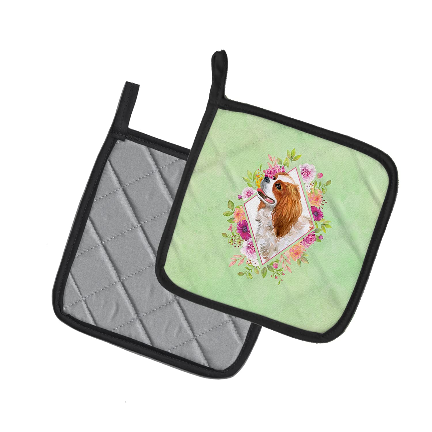 Caroline's Treasures CK4286PTHD Cavalier King Charles Spaniel Green Flowers Pair of Pot Holders Kitchen Heat Resistant Pot Holders Sets Oven Hot Pads for Cooking Baking BBQ, 7 1/2 x 7 1/2