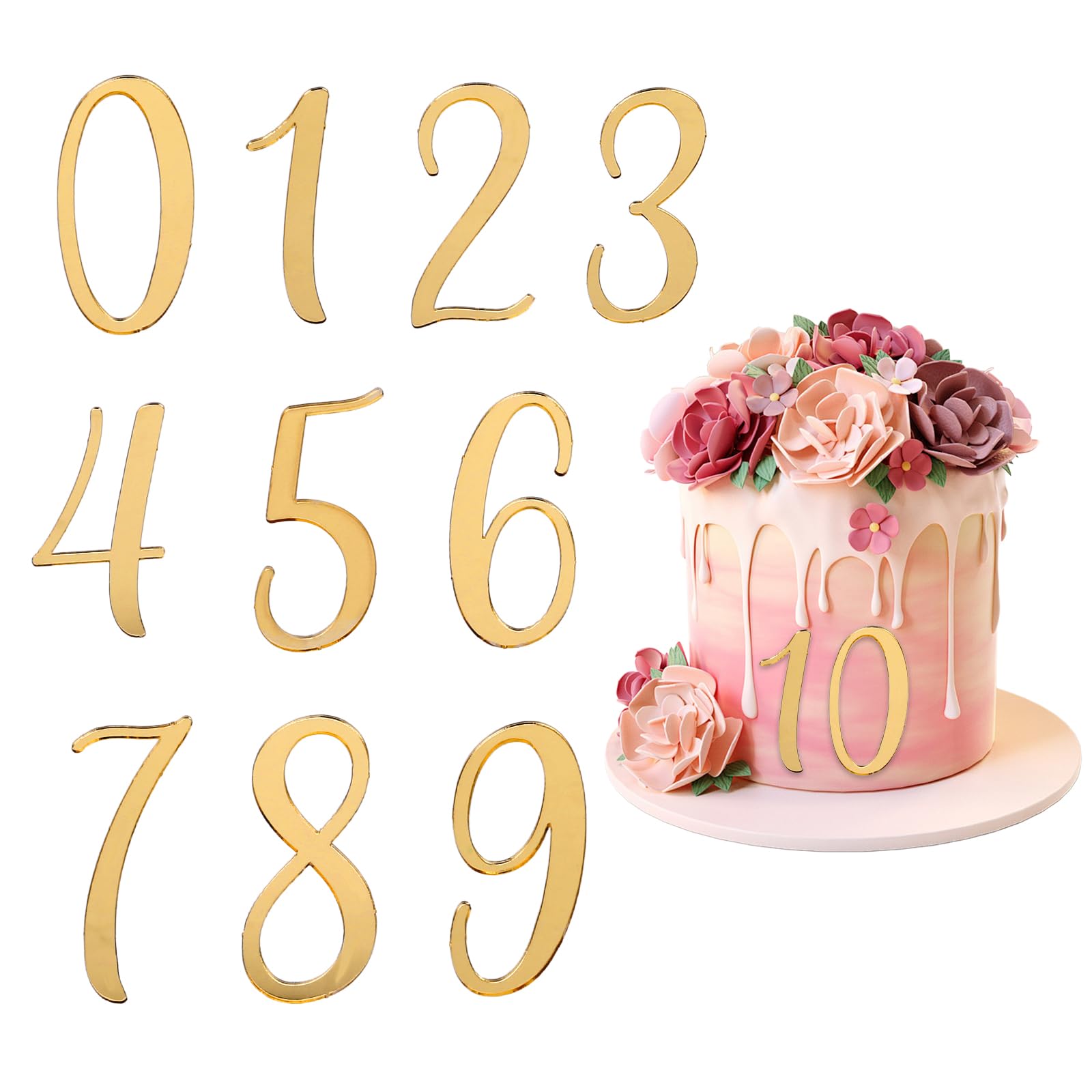 Photo 1 of 10 PCS Number for Cake Gold Large Acrylic Cake Numbers Topper 0-9 Numbers Mirrored Golden Picks DIY Cupcake Toppers with Number for Wedding Happy Birthday Shower Anniversary Party Supplies Decorations