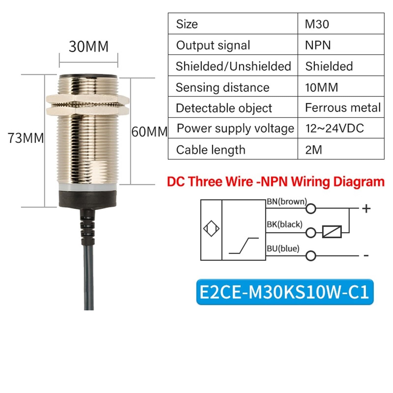 1pcs Proximity Switch Sensor 2wire Waterproof and Oil-Proof M12M30 Metal Sensor NPN Normally Open PNP Second-line DC24V(E2CE-M30KS10W-C1)