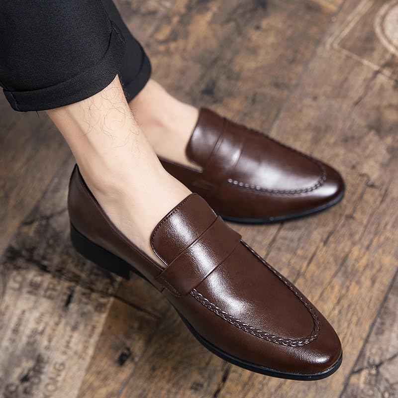 HOOENG Oxford Shoes for Men Slip On Pointed Toe PU Leather Apron Toe Penny Loafer Low Top Rubber Sole Block Heel Casual(Color:Brown,Size:7)2