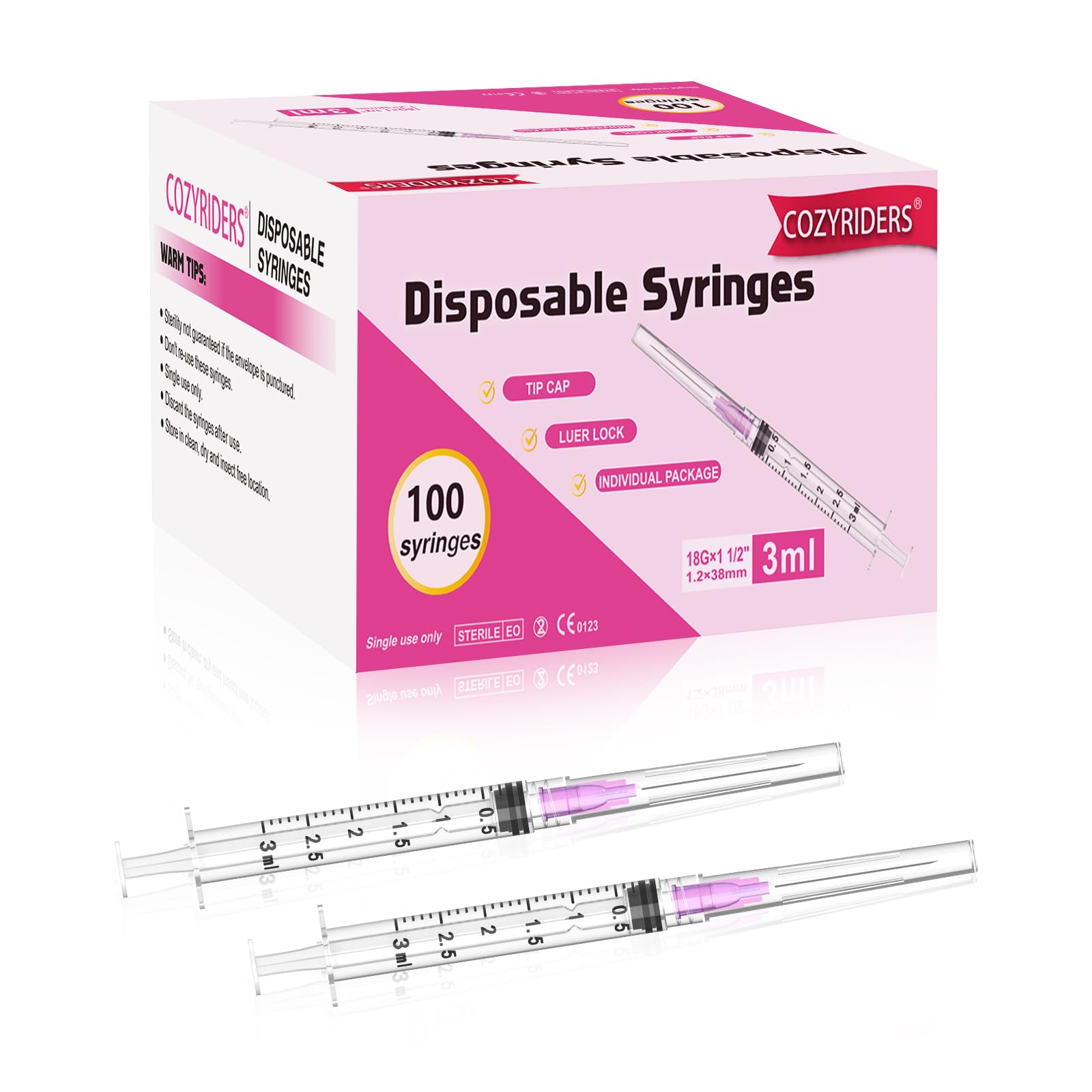 Paquete de 100 jeringas desechables Luer Lock de 3 ml con agujas de punta roma de 18 Ga de 1.5 pulgadas, selladas individualmente