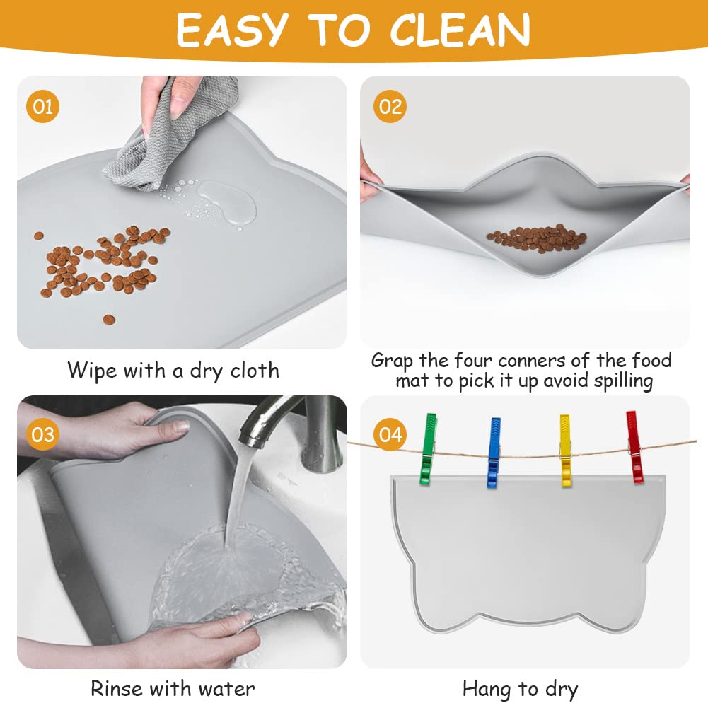 VSSHE Tappetino Ciotola Cani e Gatti in Silicone, 44 x 25 cm Tappetino per Ciotola di Cibo Antiscivolo, Tappetino Sottociotola per Animali Domestici, Evitare Fuoriuscite di Acqua o Cibo (Grigio)