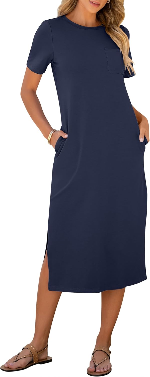 ANRABESS Womens Summer Casual Midi Dress Short Sleeve Crewneck T Shirt Long Dresses Split Stripe Beach Vacation Travel Outfit